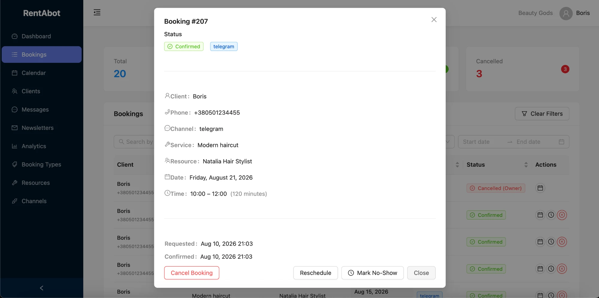 Booking detail popup with confirm, reschedule, mark no-show and cancel