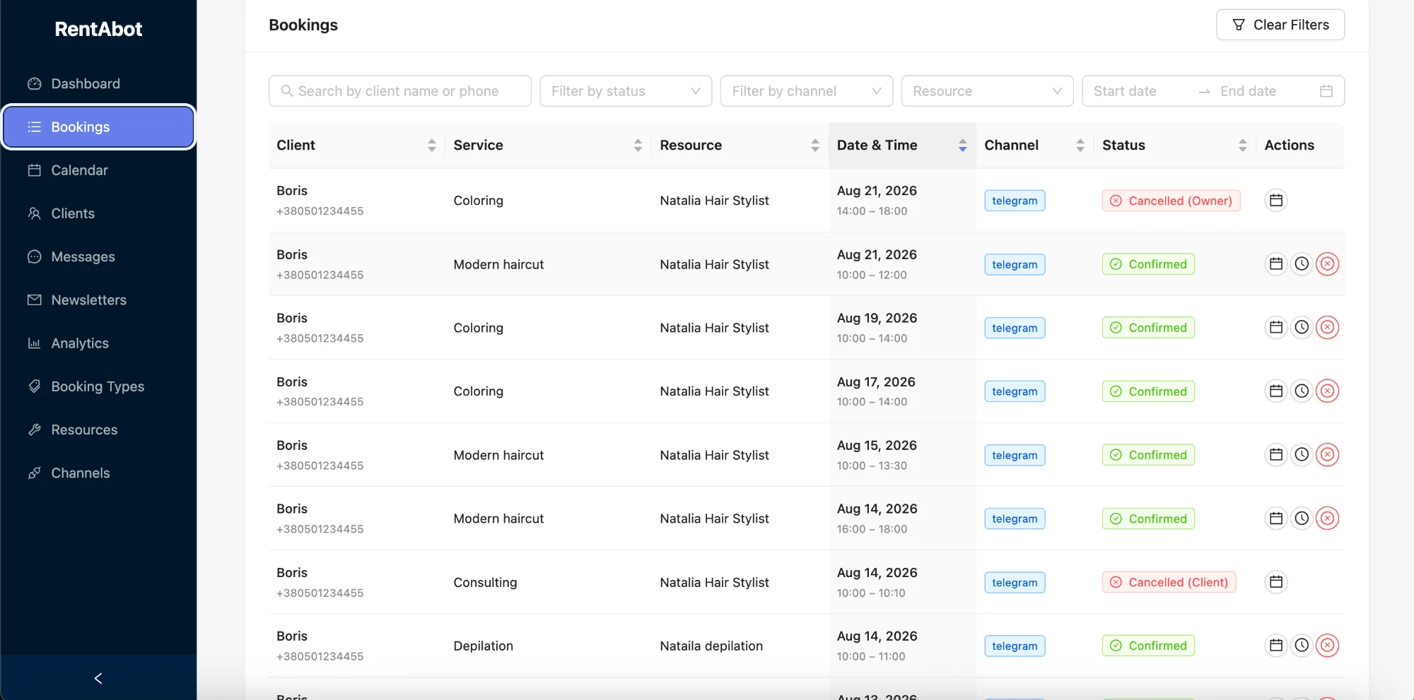 Bookings list with client, service, resource, channel, status and actions