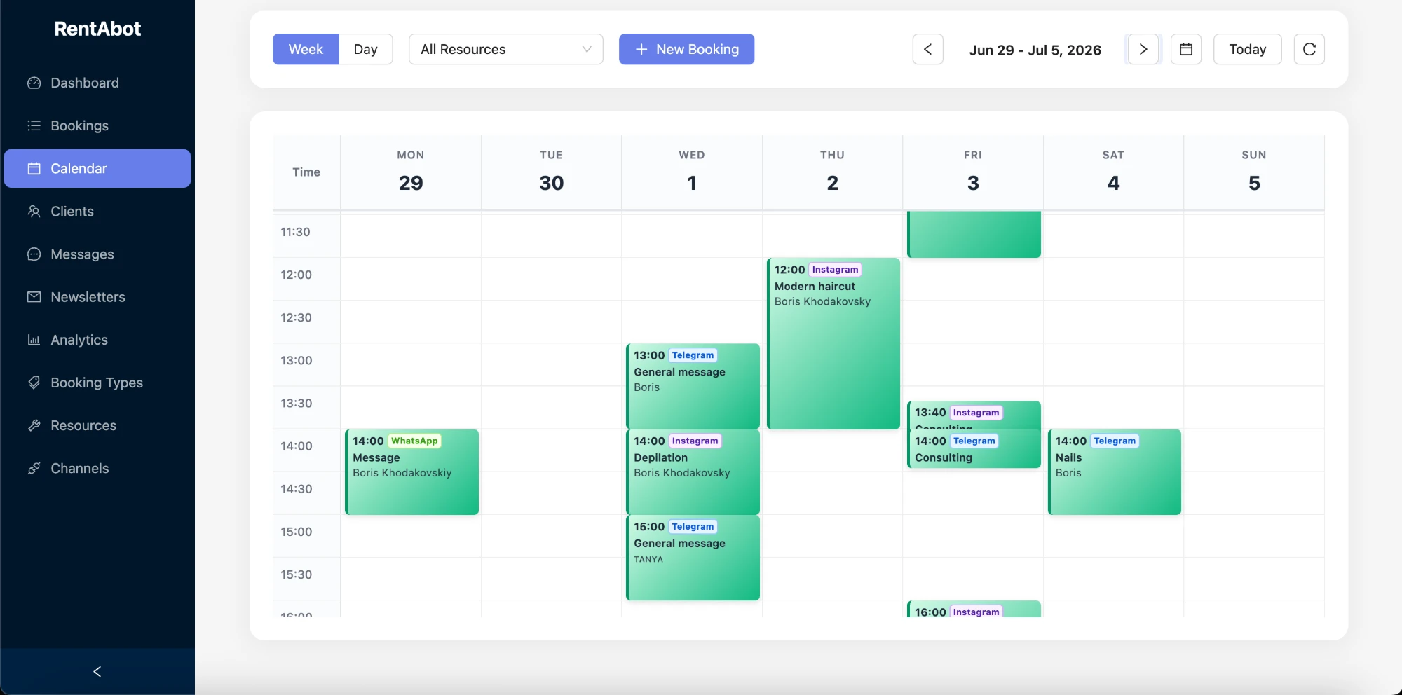 Calendar week view with colour-coded bookings and channel tags