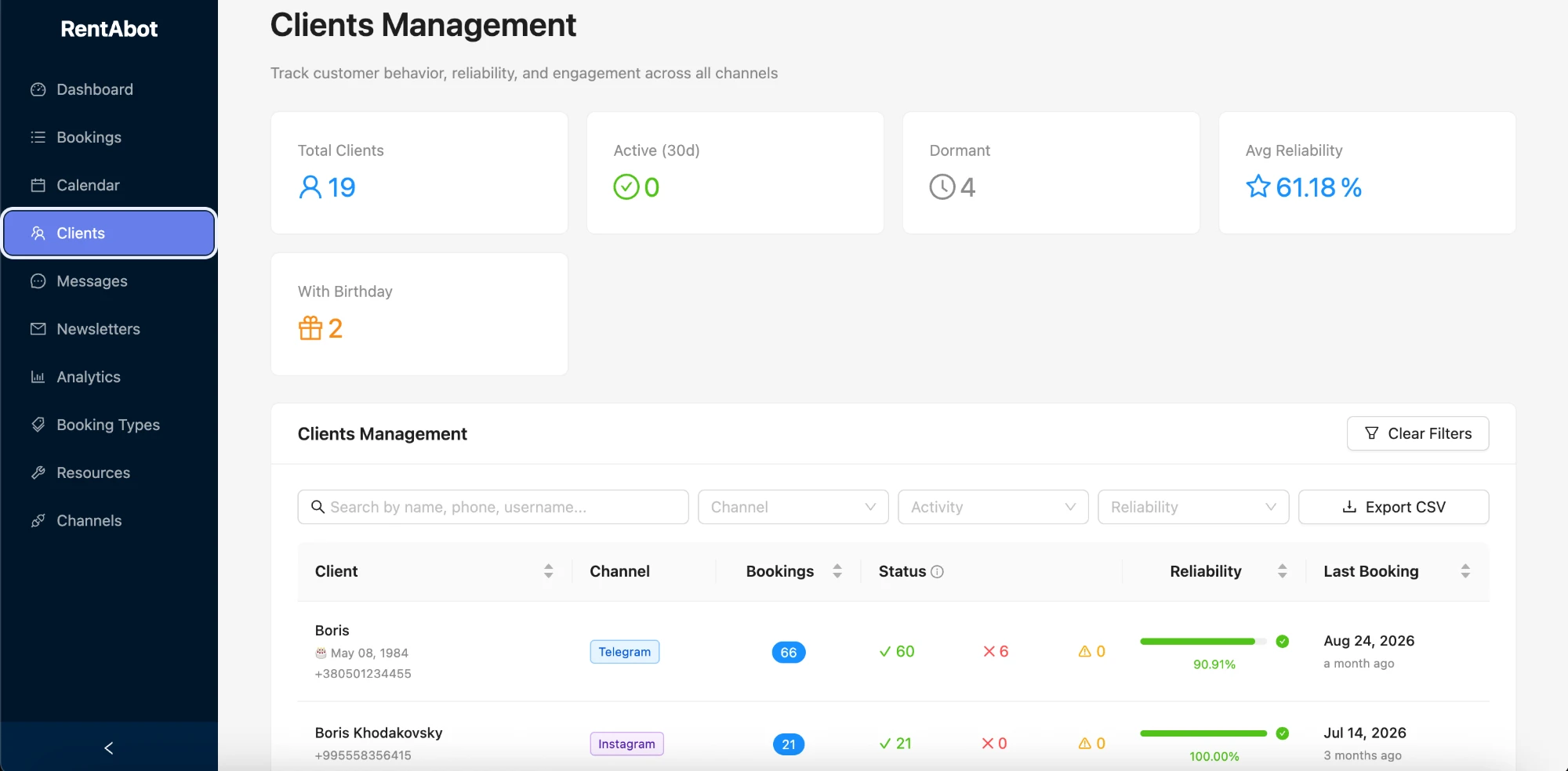 Clients page with reliability scores and booking history