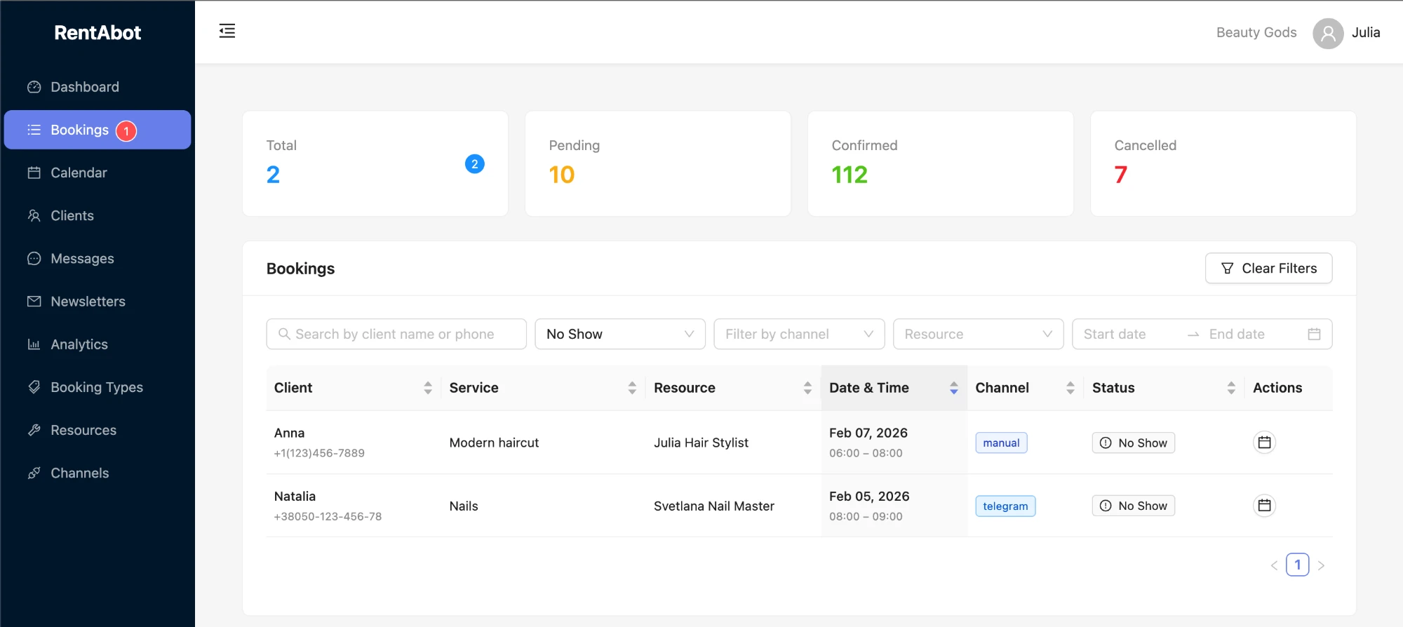 Bookings page filtered by No Show status showing missed appointments