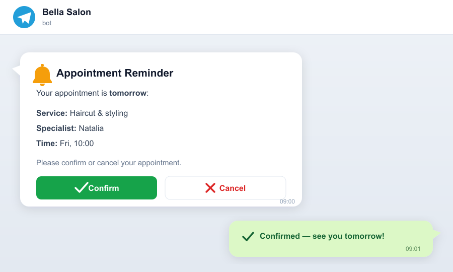 Automatic appointment reminder in chat with Confirm and Cancel buttons