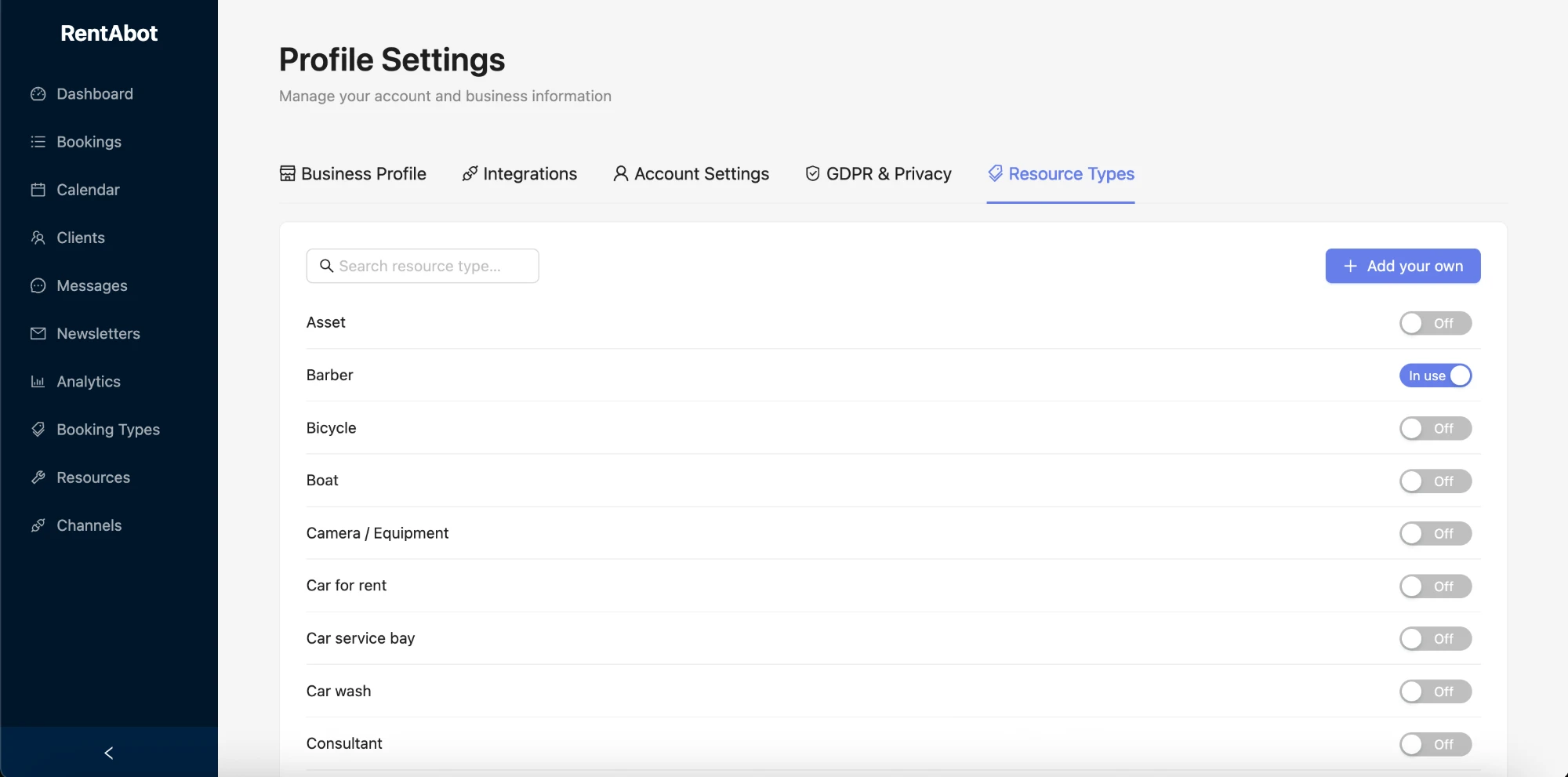 Resource Types tab in Profile Settings with on/off toggles