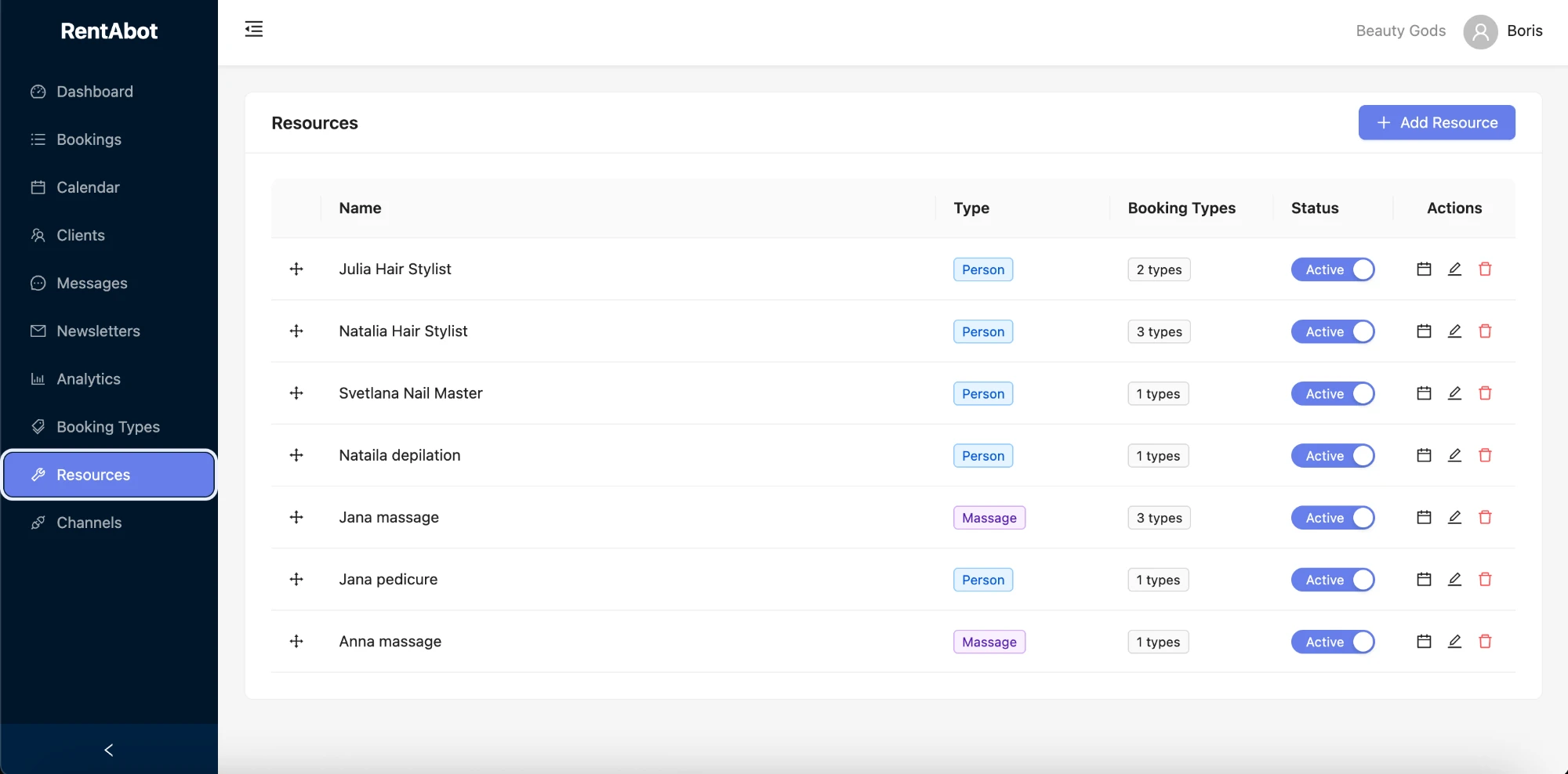 Resources list showing names, types, linked services and status