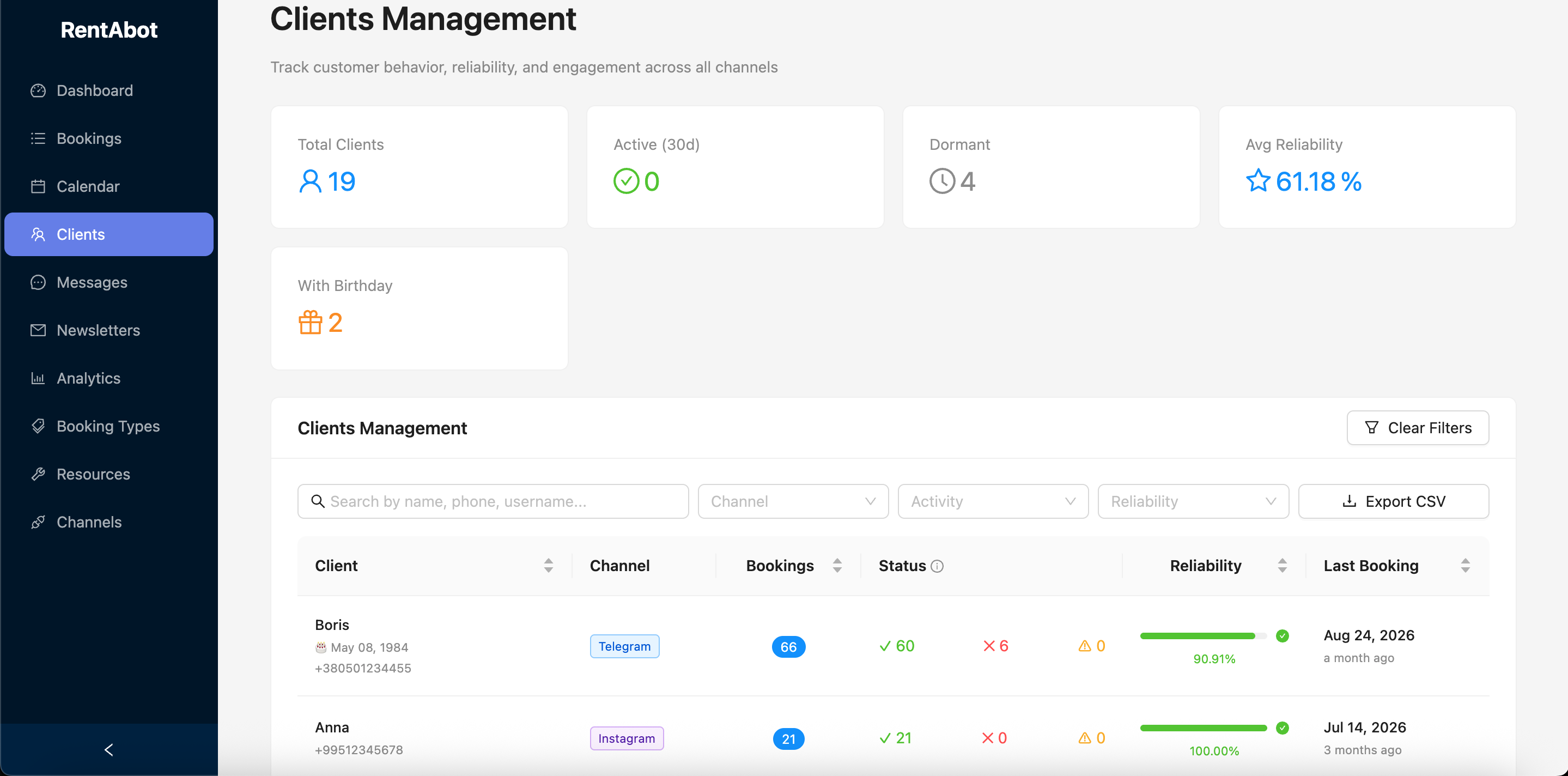 Page clients avec scores de fiabilité et historique des réservations